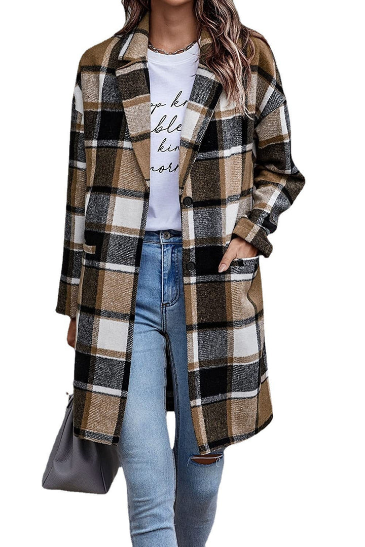 Damen Karierter Oversized-Mantel mit stilvollen Taschen und Umschlagkragen Drune