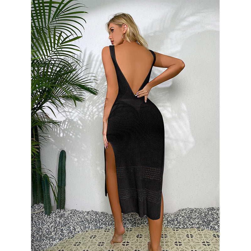 Damen Häkel-Midi-Kleid mit sexy seitlichen Schlitzen und raffiniertem Netzdesign Drune