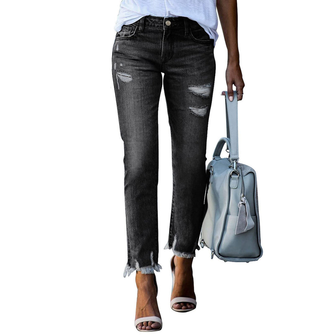 Damen Vintage Slim-Fit Jeans mit fransigem Saum und modischen Rissen Drune