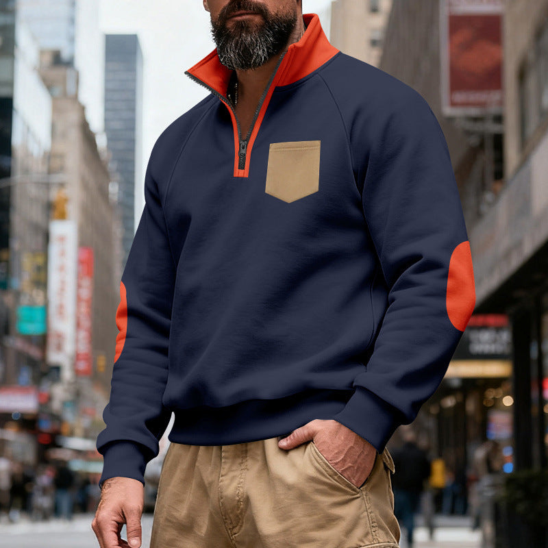 Herren nan Quarterzip-Sweatshirt mit Stehkragen, kontrastiertem Reißverschluss, Ellbogenpatches und Brusttasche Drune