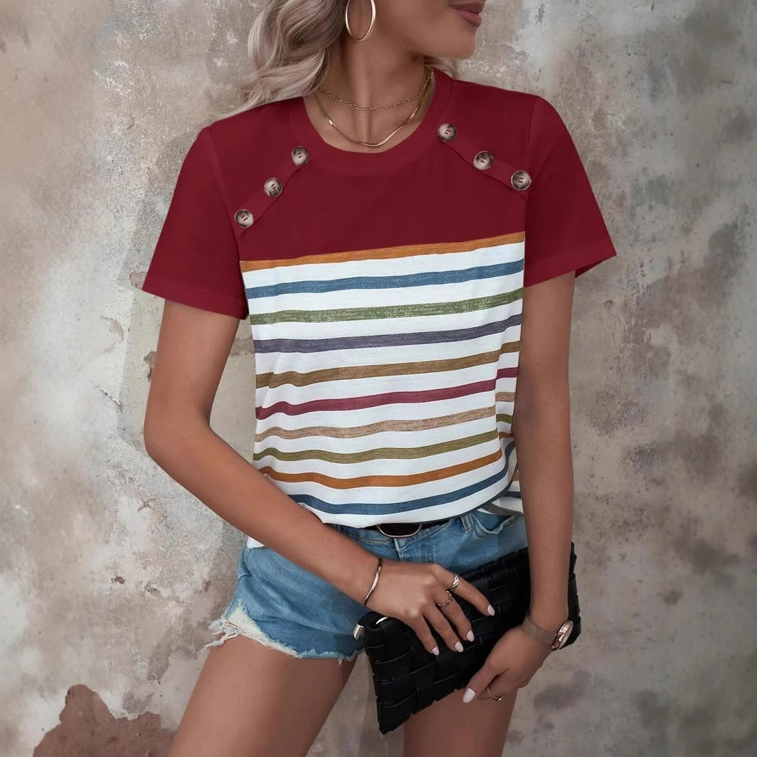 Damen gestreiftes T-Shirt mit modischen Knopfdetails und Rundhalsausschnitt Drune