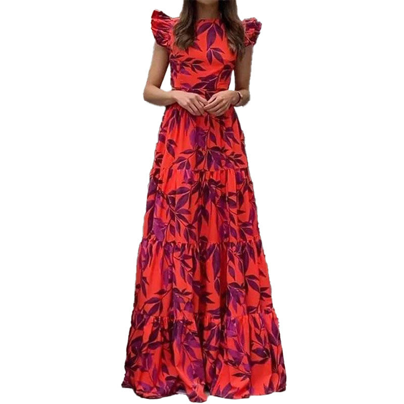 Damen Boho Maxikleid mit voluminösen Rüschenärmeln und gestuftem Rock Drune