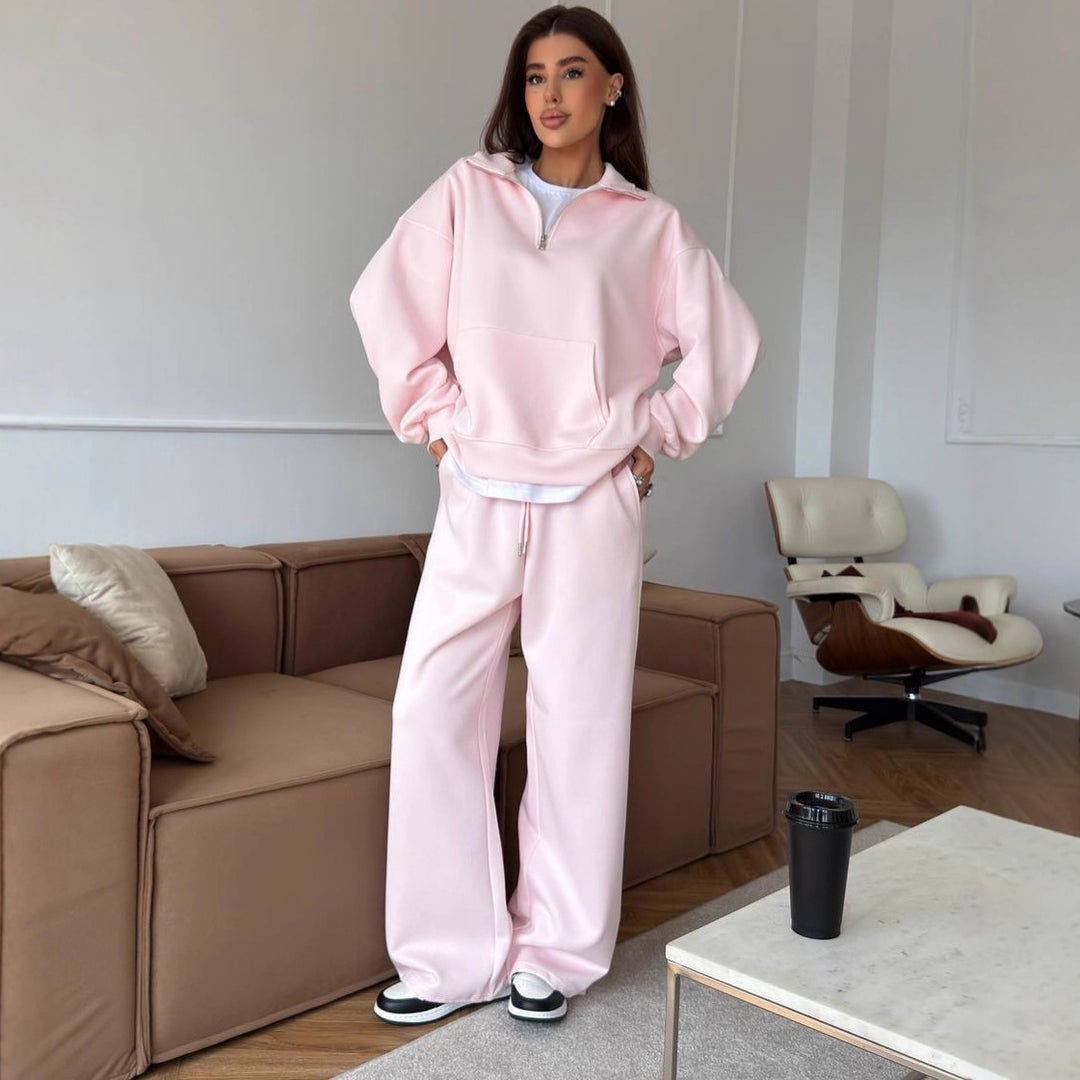 Damen nan weites Halfzip-Lounge-Set mit Kapuzenpullover, Kängurutasche und fließender Wide-Leg-Hose Drune