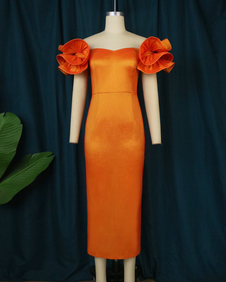 Damen figurbetontes Abendkleid mit voluminösen Rüschenträgern Drune