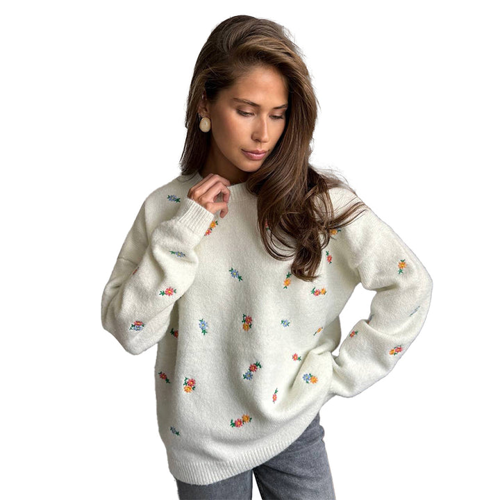 Damen lockerer Strickpullover mit floralem Muster Drune