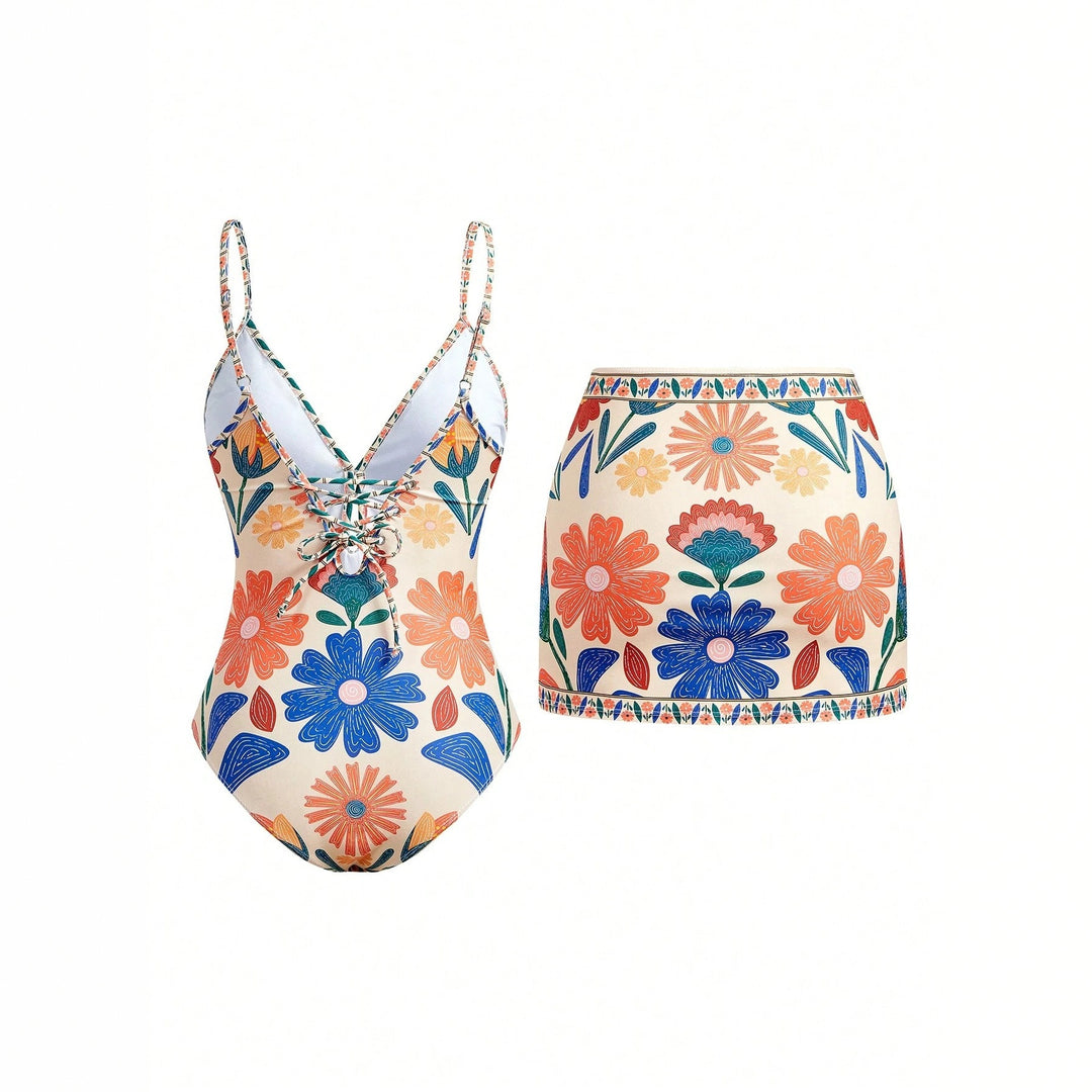 Damen Blumenmuster Badeanzug mit passendem Rock Drune