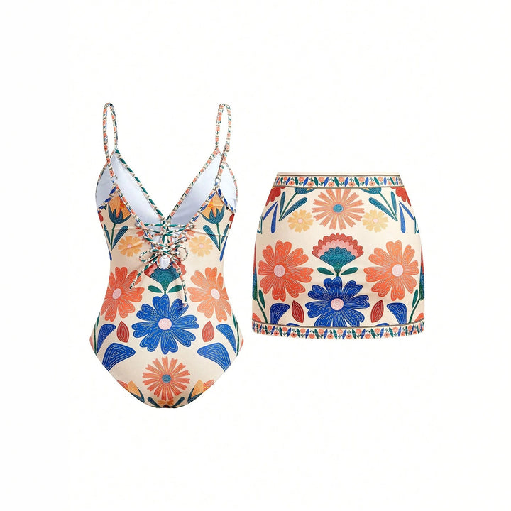 Damen Blumenmuster Badeanzug mit passendem Rock Drune