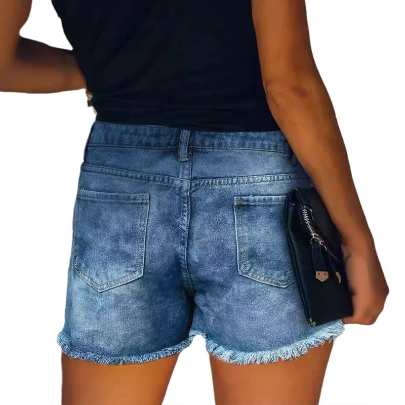 Damen Destroyed Denim-Shorts mit fransigen Taschen und modischen Aufnähern Drune