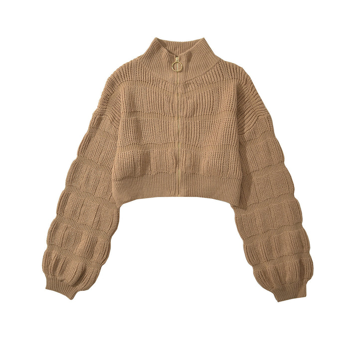 Damen Cropped Strickjacke mit dekorativem Reißverschluss und voluminösen Ärmeln Drune