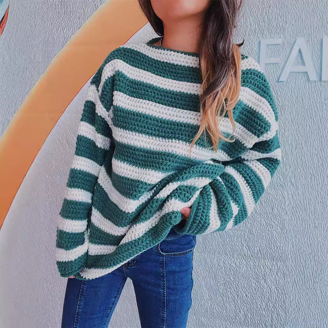 Damen lässiger Grobstrickpullover mit gestreiftem Design Drune