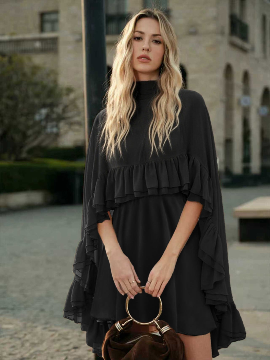 Damen Elegantes Rüschendress mit hochgeschlossenem Ausschnitt und fließendem Schnitt Drune