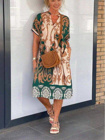 Damen luftiges V-Ausschnitt Strandkleid mit Taschen Drune
