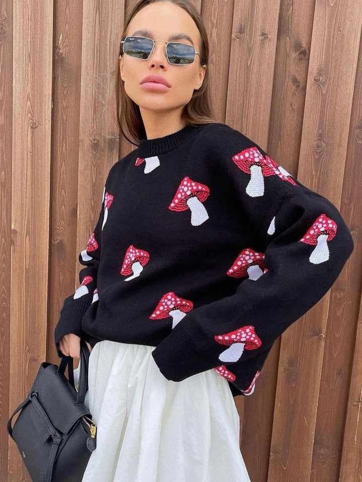 Damen Strickpullover mit verspieltem Pilzmotiv Drune