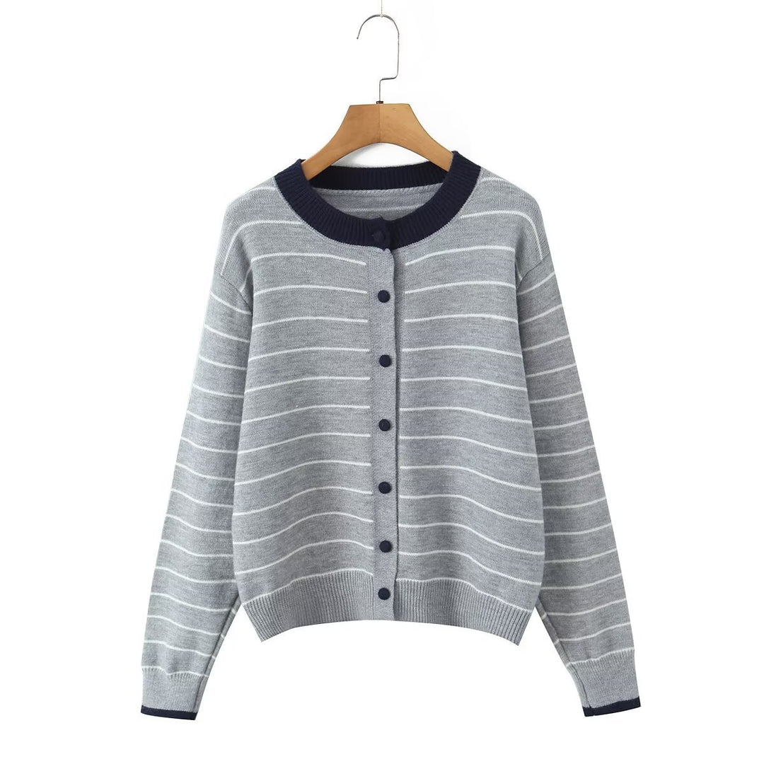 Damen gestreifte Strickjacke mit modernem Rundhalsausschnitt und Knopfdetails Drune