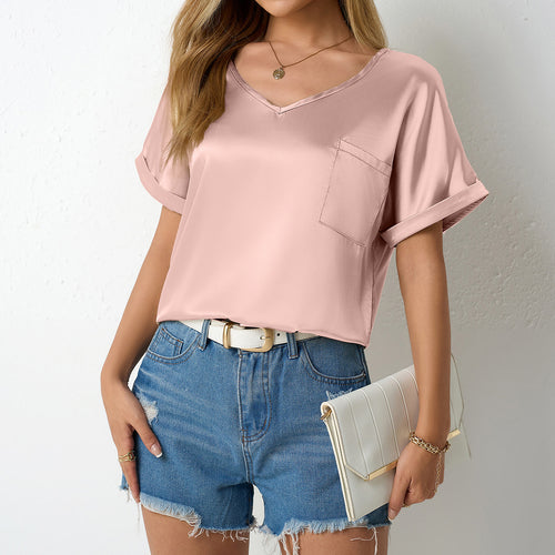 Damen Satin T-Shirt mit lockerem Schnitt und Brusttasche Drune