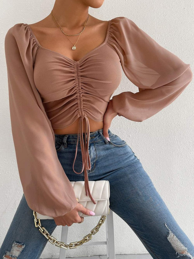Damen Crop-Top mit strukturiertem Körper und eleganten Puffärmeln Drune