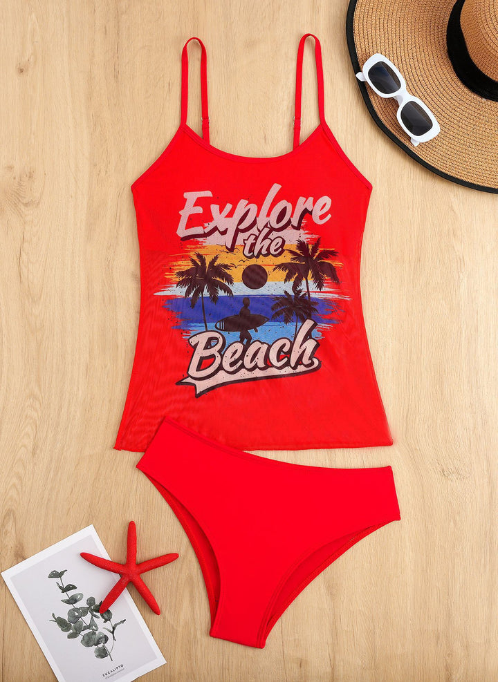 Damen Strandtop mit buntem Grafikdesign und passendem Bikiniunterteil Drune