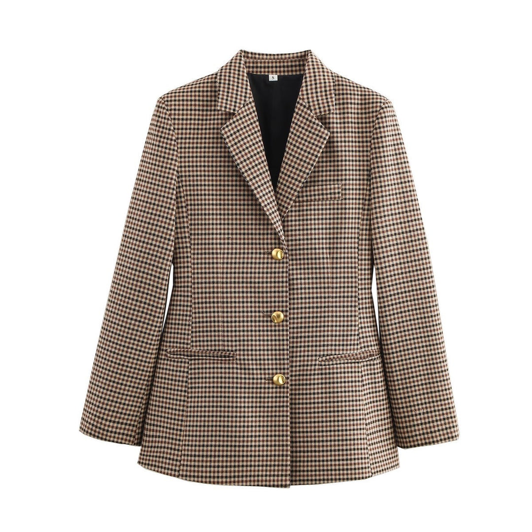 Damen Karierter Blazer mit goldenen Knopfdetails Drune