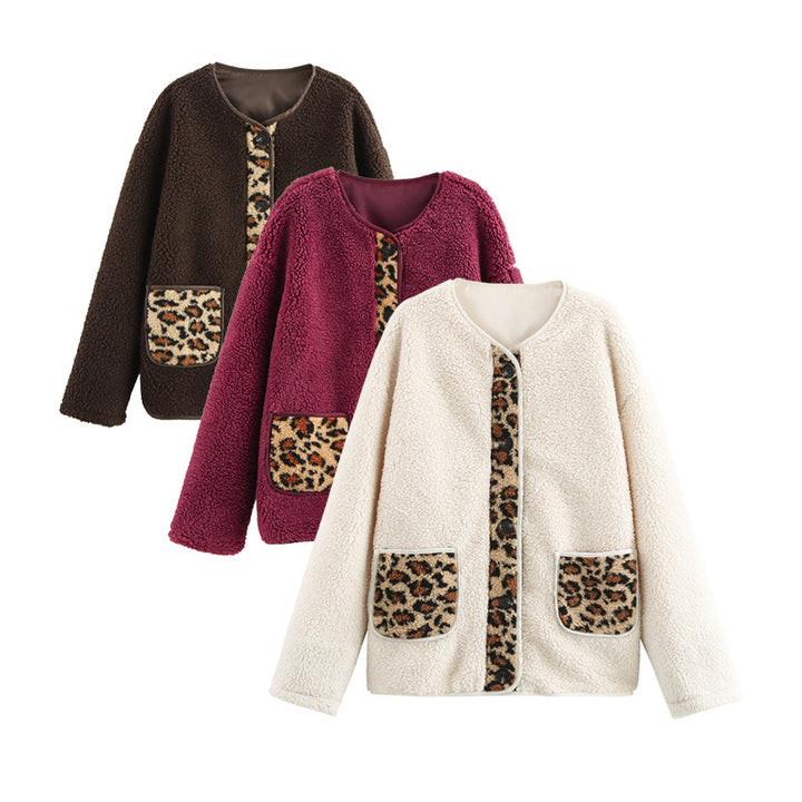 Damen kuschelige Teddyjacke mit tierischem Muster und praktischen Pattentaschen Drune