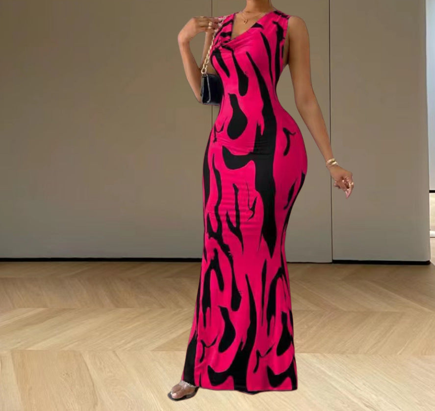 Damen elegantes Maxikleid mit figurbetontem Schnitt und trendigem Muster Drune