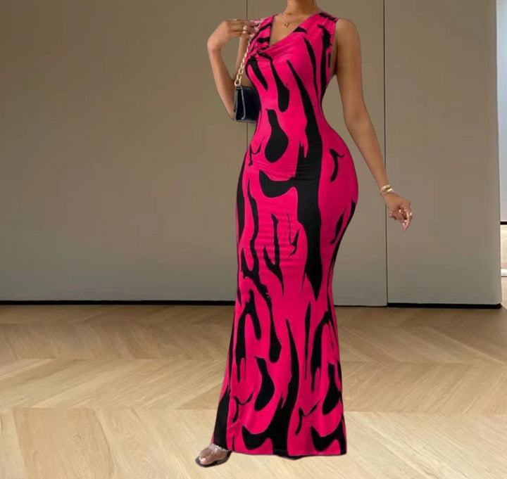 Damen elegantes Maxikleid mit figurbetontem Schnitt und trendigem Muster Drune