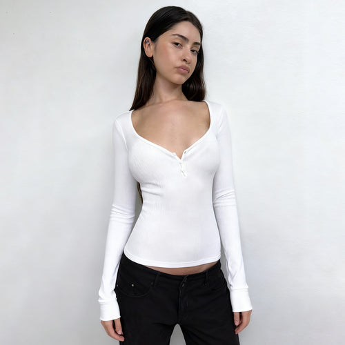 Damen nan figurbetontes geripptes Langarm-Henley-Top mit tiefem V-Ausschnitt und Knopfleiste Drune