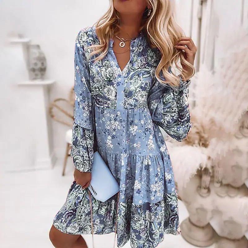 Damen nan florales Boho-Kleid mit V-Ausschnitt und Stufenrock Drune