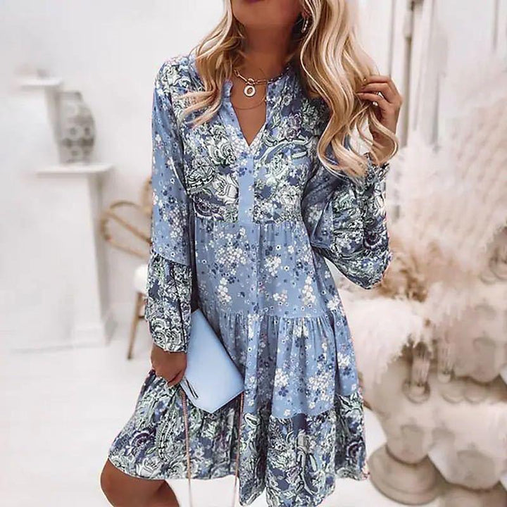 Damen nan florales Boho-Kleid mit V-Ausschnitt und Stufenrock Drune