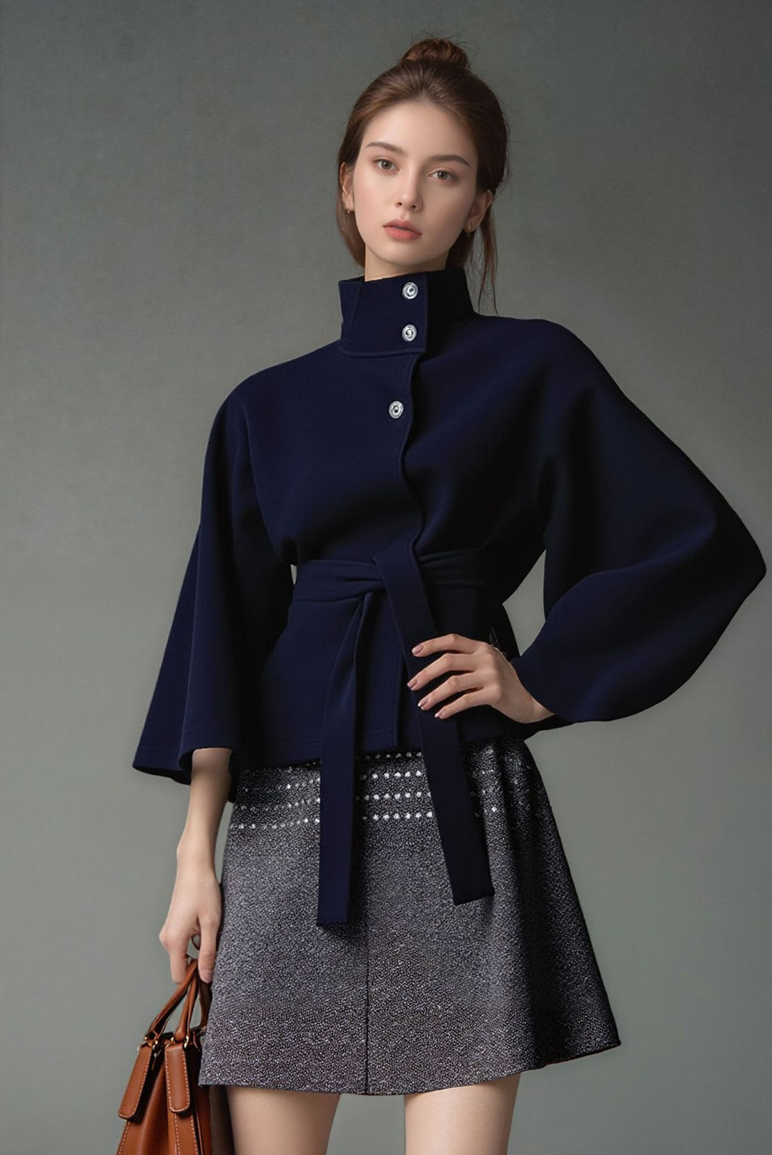 Damen nan kastiges Kurzcape Mantel mit Stehkragen und Bindegürtel Drune