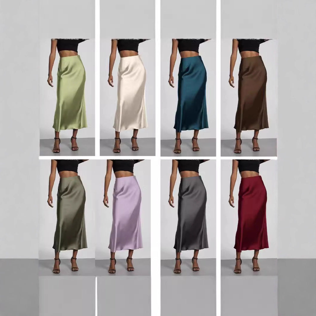 Damen Stilvolle Satin-Stretchrock mit hohem Bund und fließendem Schnitt Drune
