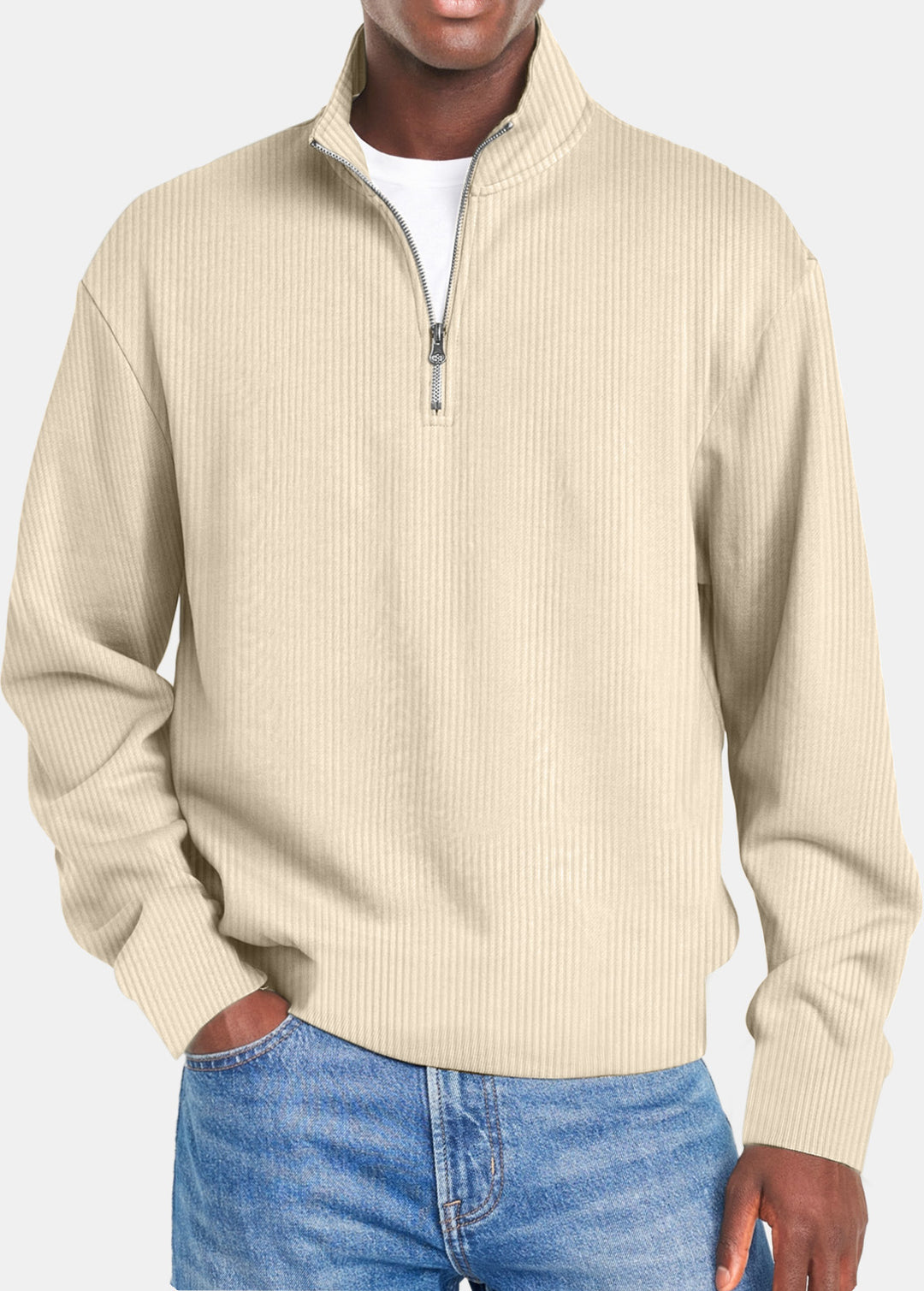 Herren nan gerippter Troyer-Pullover mit Halbzip und Stehkragen Drune