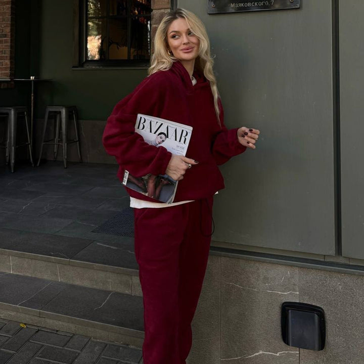 Damen kuscheliger Fleece-Jogginganzug mit hohen Bündchen und praktischen Taschen Drune