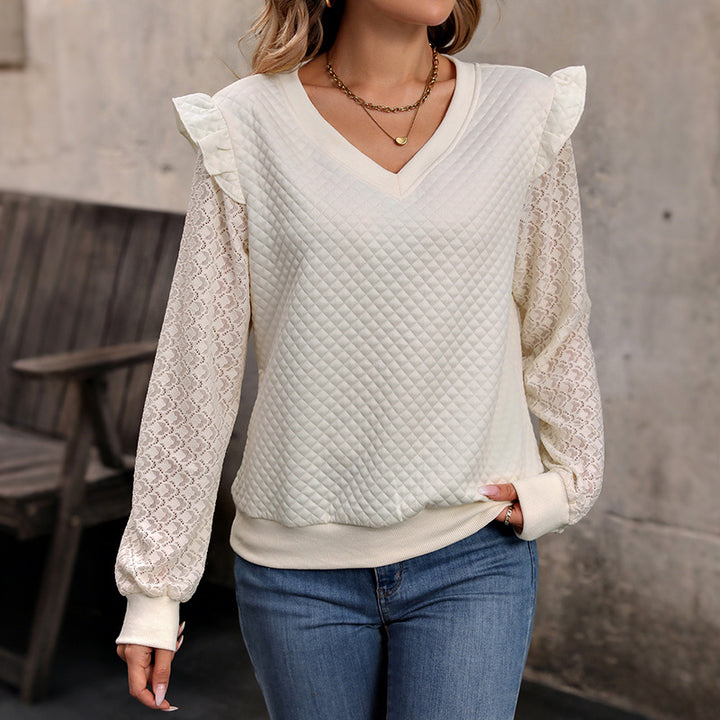 Damen lässiger Pullover mit Spitzenärmeln und strukturiertem Waffelmuster Drune