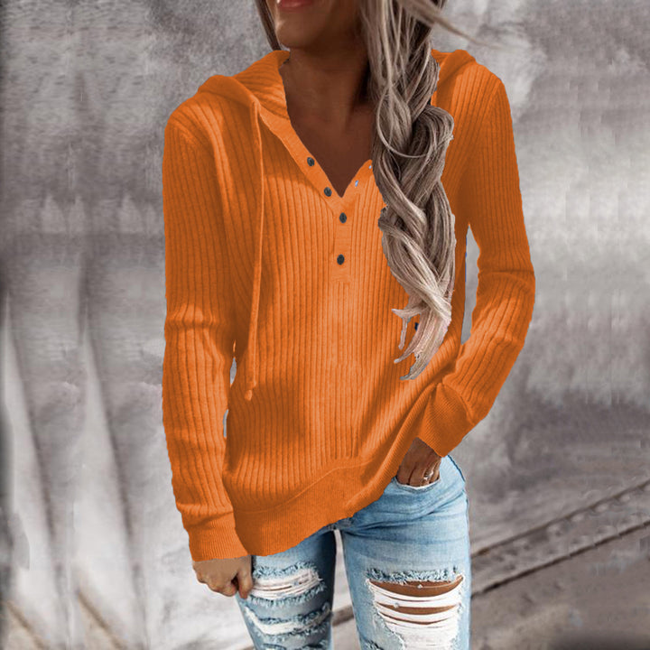 Damen Bequeme gestreifte Kapuzenpullover mit Knopfleiste Drune