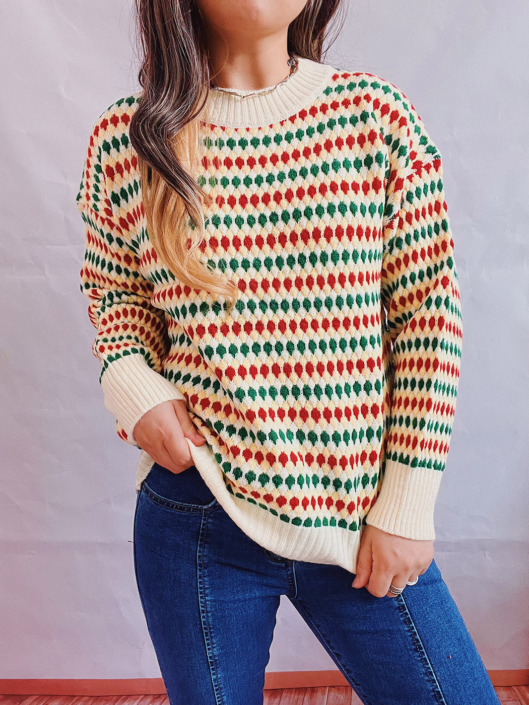 Damen lässiger Strickpullover mit buntem Rautenmuster und Rundhalsausschnitt Drune