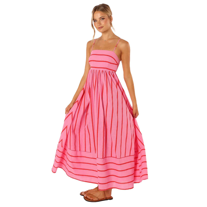 Damen Maxi-Kleid mit schmalen Spaghettiträgern und eleganten Querstreifen Drune
