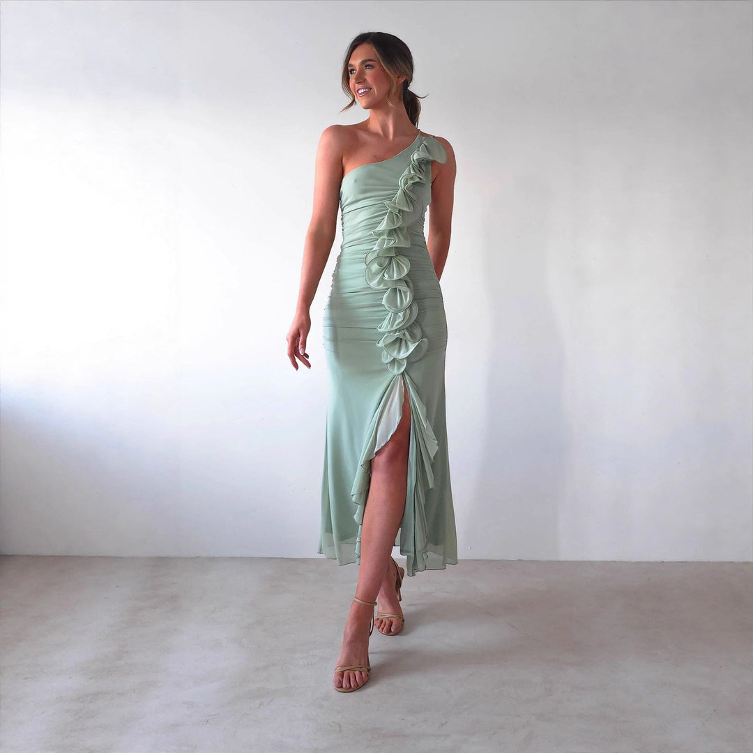 Damen Elegantes Rüschen-Maxi-Kleid im Stile einer Seite mit hohem Schlitz Drune