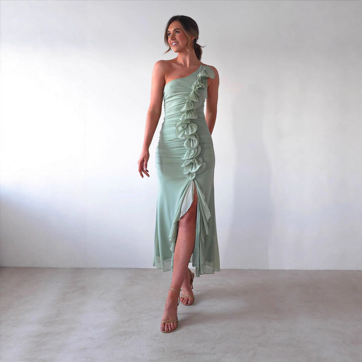 Damen Elegantes Rüschen-Maxi-Kleid im Stile einer Seite mit hohem Schlitz Drune