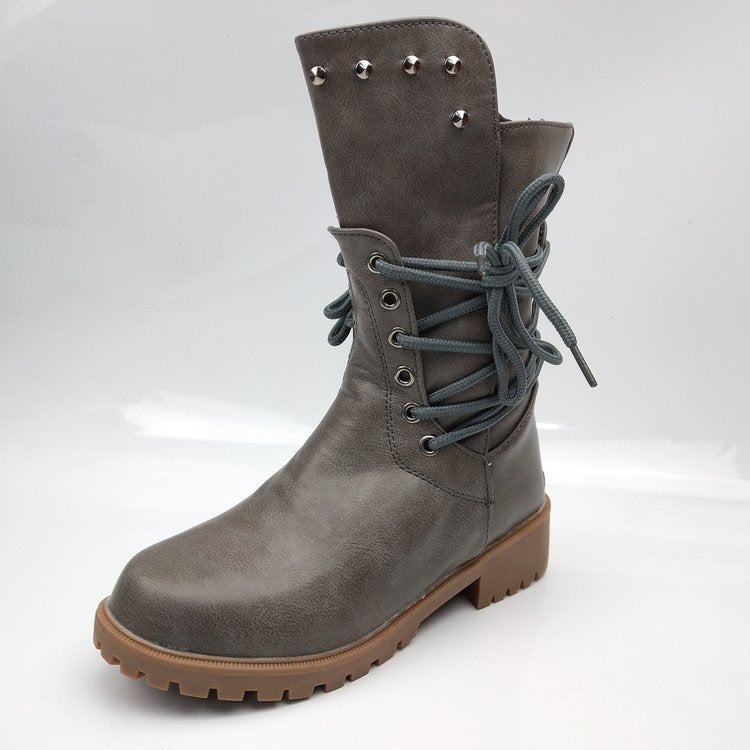 Damen nan robuste Worker-Boots mit dekorativer Wickelschnürung, Metallösen und profilierter Gummilaufsohle Drune