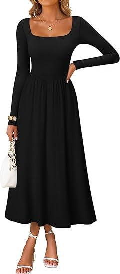 Damen Elegantes Midi-Kleid mit Quadratausschnitt und langen Ärmeln Drune