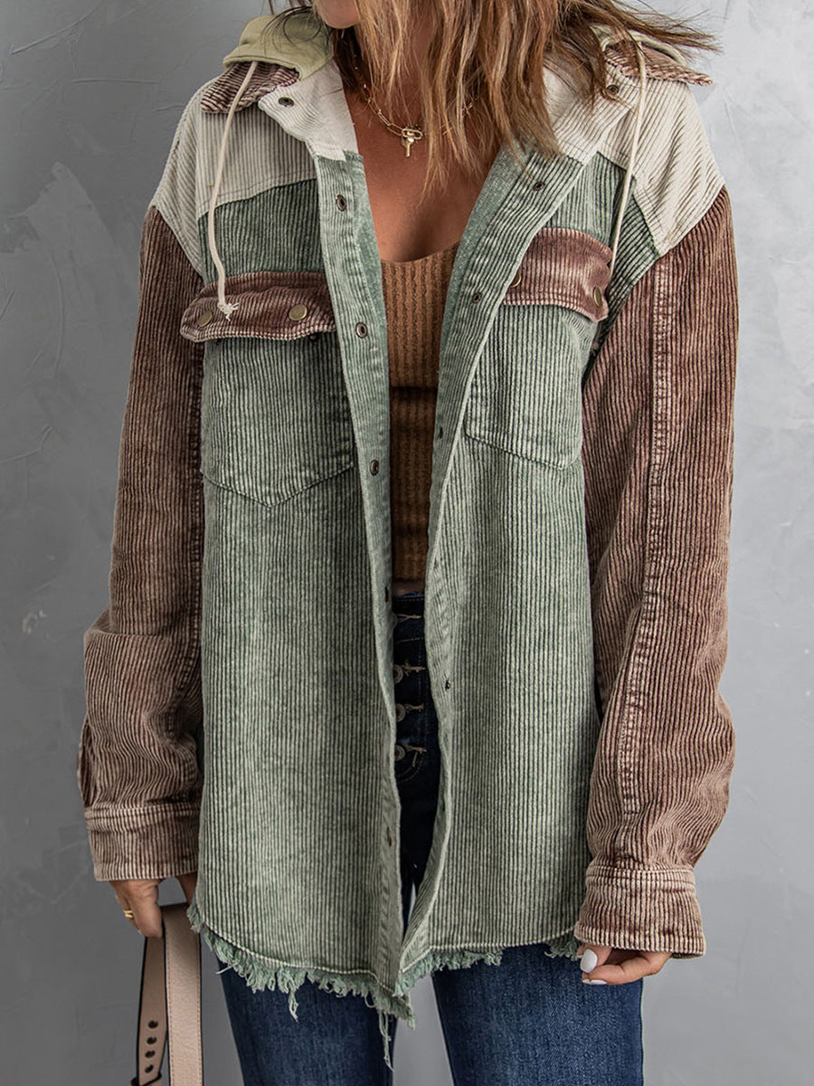 Drune | Damen Kapuzenjacke – Corduroy – Oversized Fit – Knopfverschluss – Ausfrans Saum Casual