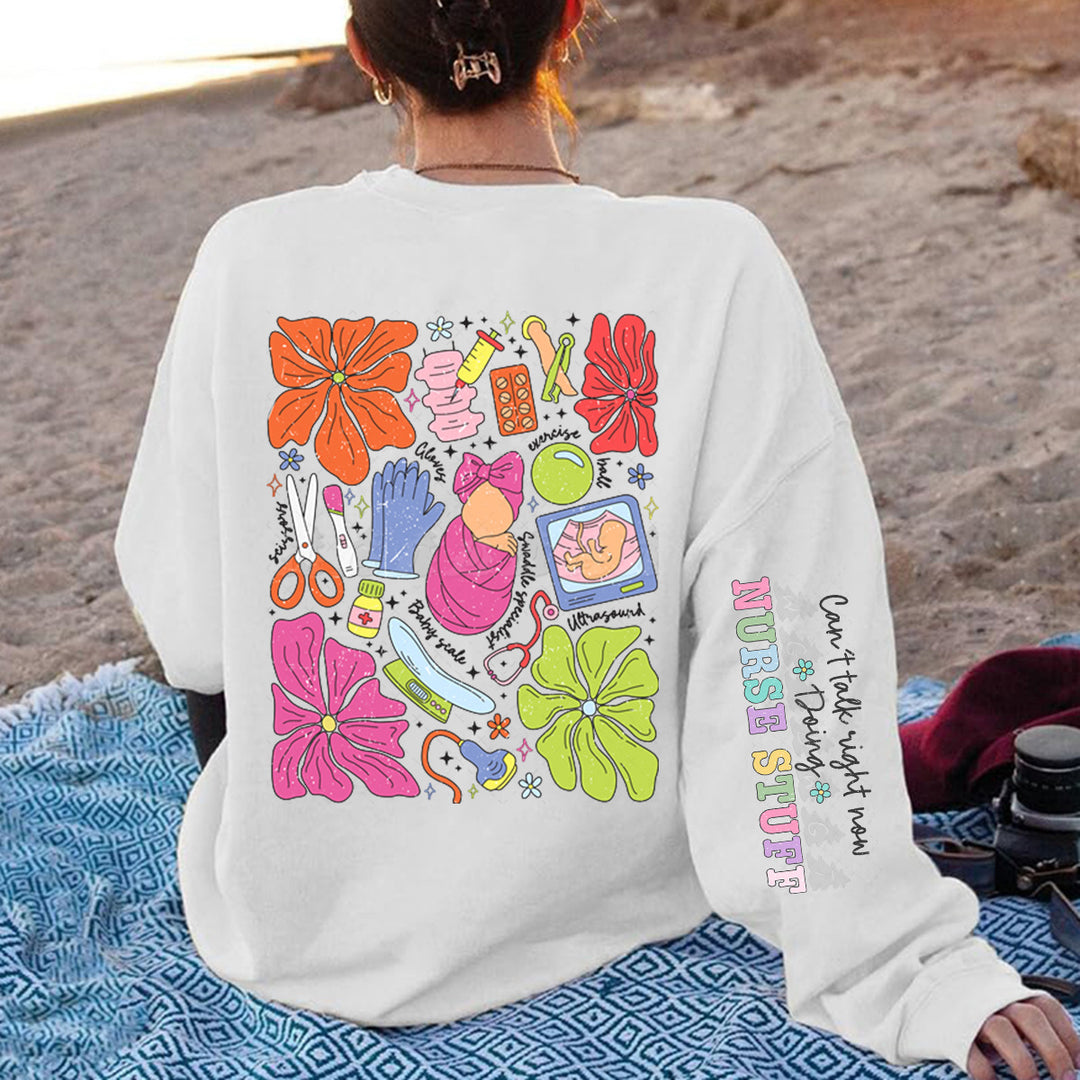 Damen Sweatshirt mit buntem Grafikdesign und originellem Pflege-Motiv Drune