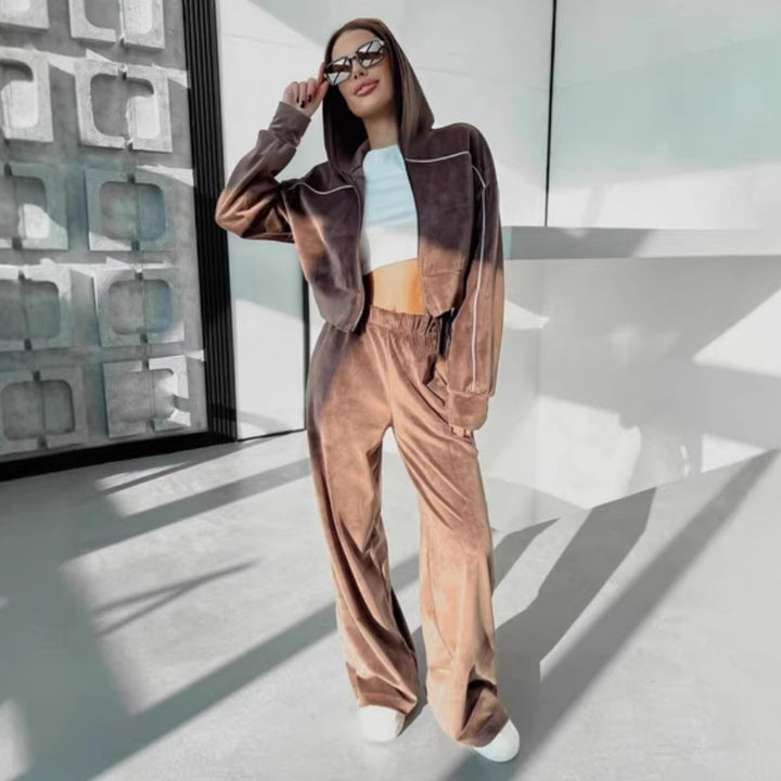 Damen Sportliches Velours-Loungewear-Set mit kurzem Hoodie und weitem Bein Drune