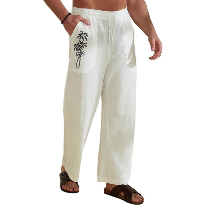 Herren lässige Leinen-Relax-Hose mit palmenmotivierten Taschen Drune