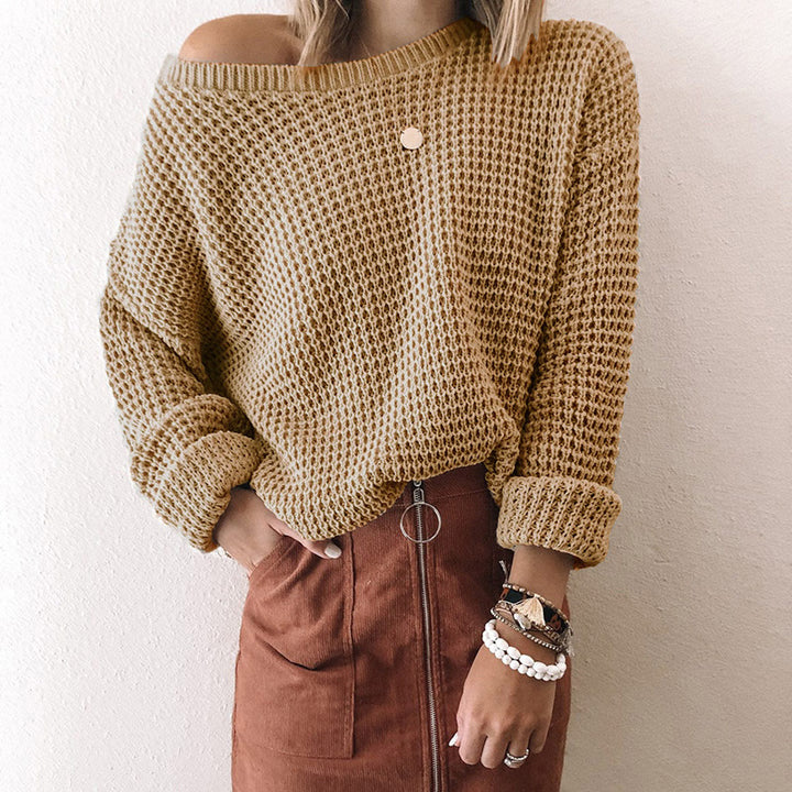 Damen lässiger Strickpullover mit weitem Schnitt und off-shoulder Design Drune