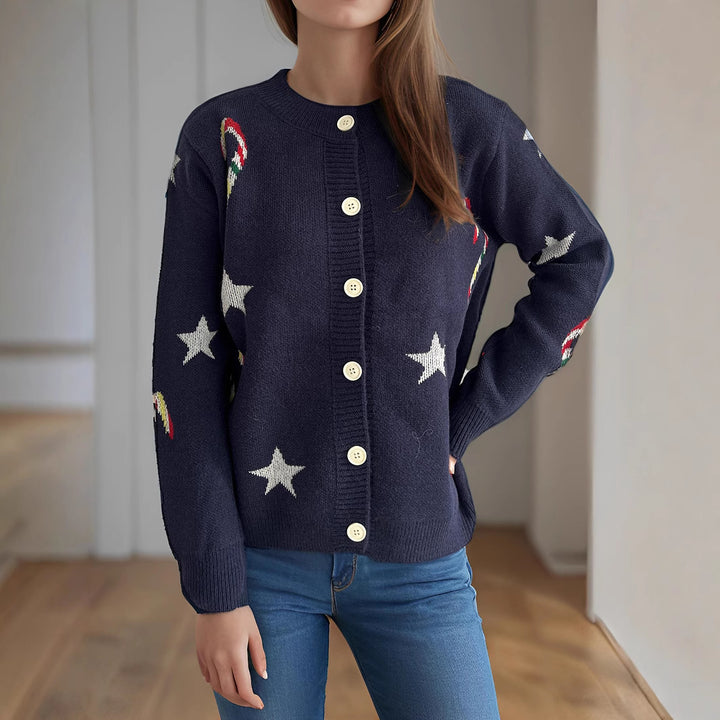 Damen Strickjacke mit festlichem Motiv und dekorativen Knöpfen Drune