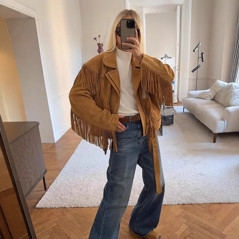 Damen Wildlederjacke mit fransigen Details und taillierbarem Gürtel Drune