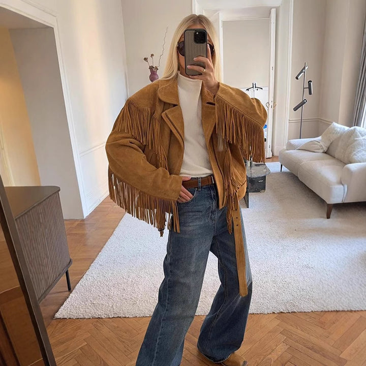 Damen Wildlederjacke mit fransigen Details und taillierbarem Gürtel Drune