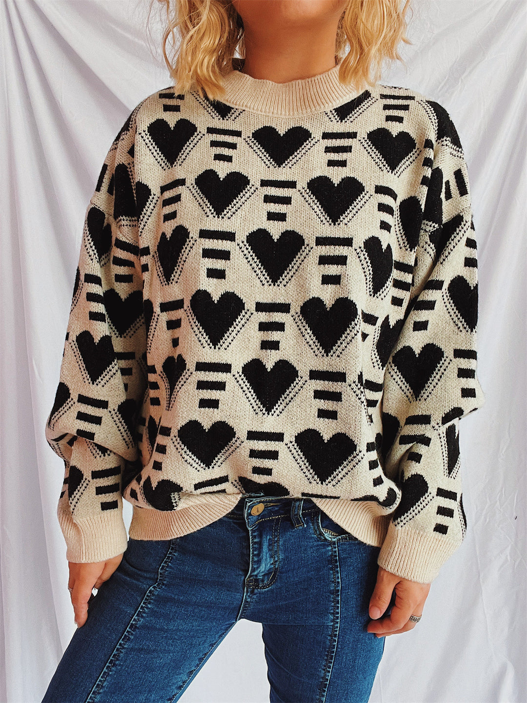 Damen gestrickter Pullover im modernen Herzdesign mit weitem Schnitt Drune