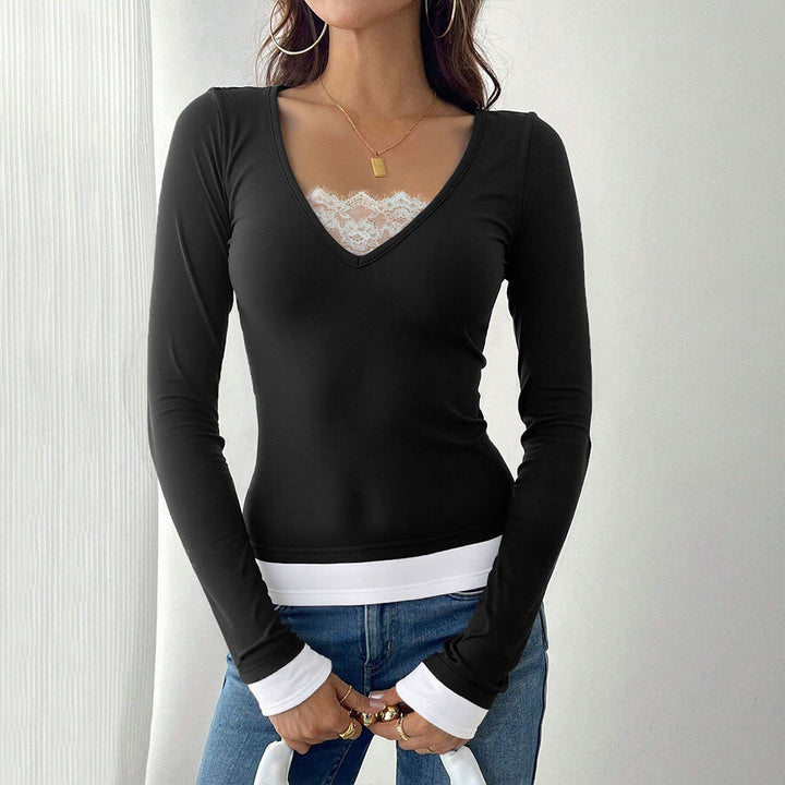 Damen V-Ausschnitt Langarmshirt mit modischem Untertop Drune